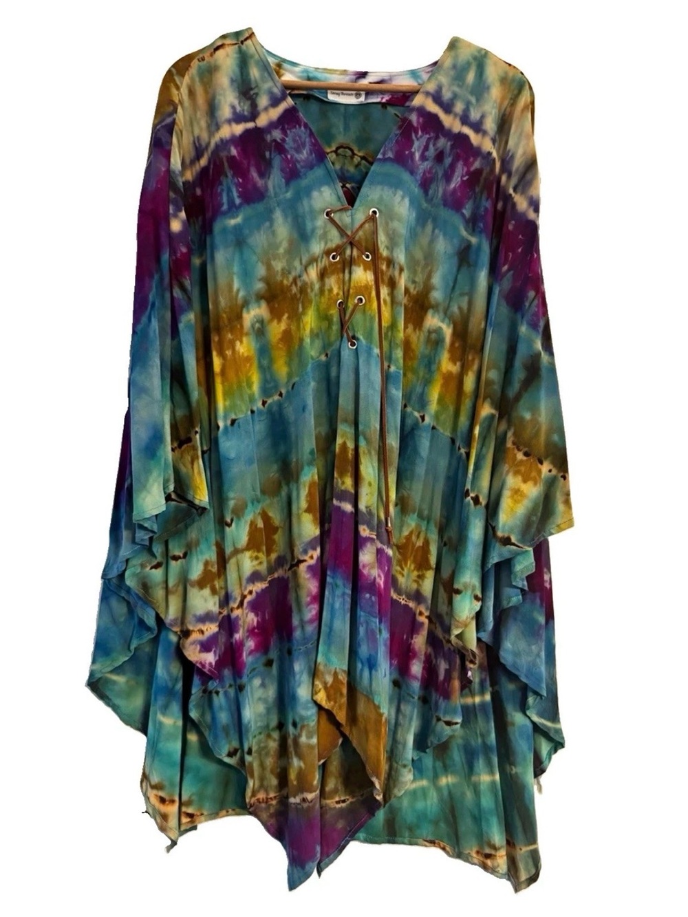 Women's Multicolor Hand Tie-Dye V-Neck Lace-Up Tunic